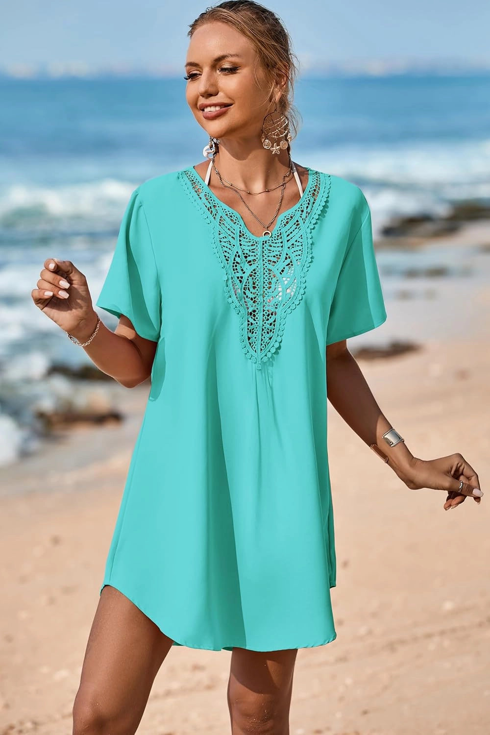 Supnier Womens Bathing Suit Cover Ups Lace Crochet V Neck Summer Beach Swimsuit Coverup Dress