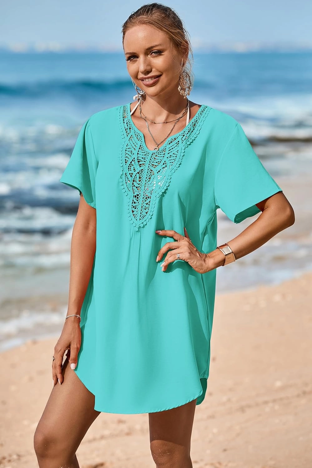 Supnier Womens Bathing Suit Cover Ups Lace Crochet V Neck Summer Beach Swimsuit Coverup Dress