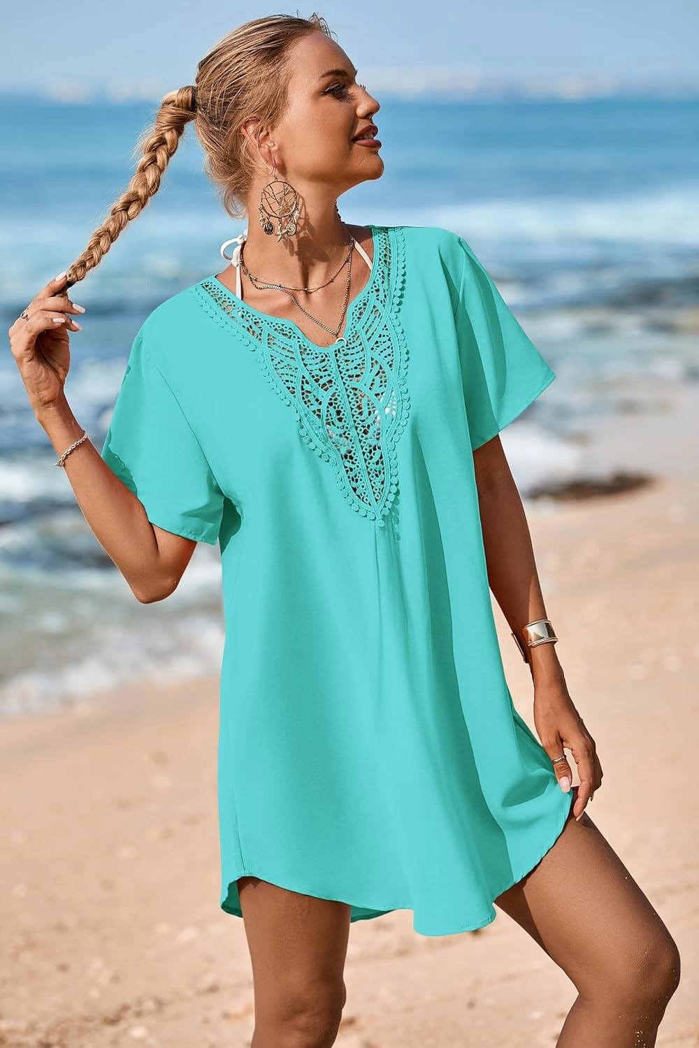 Supnier Womens Bathing Suit Cover Ups Lace Crochet V Neck Summer Beach Swimsuit Coverup Dress