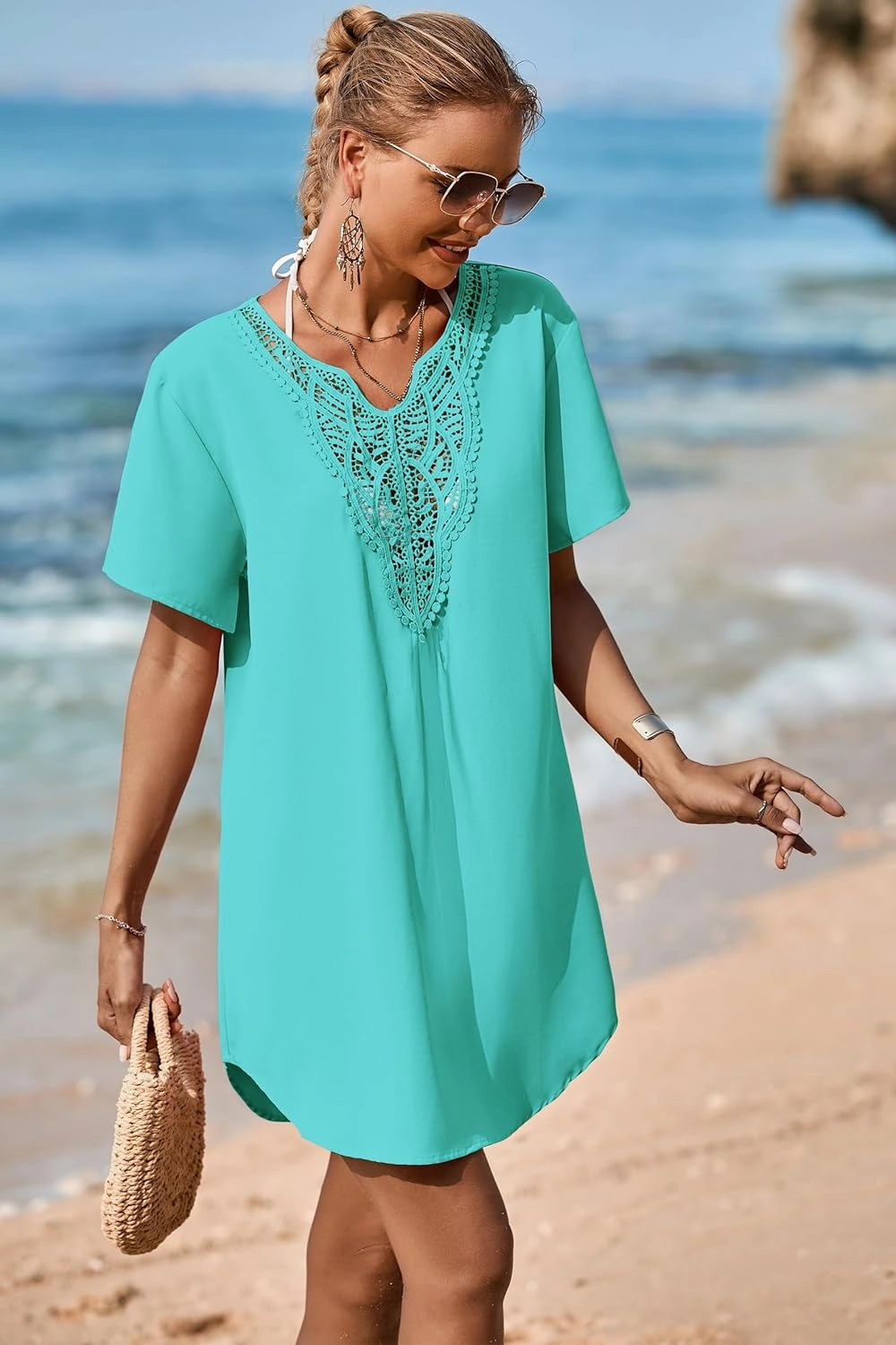 Supnier Womens Bathing Suit Cover Ups Lace Crochet V Neck Summer Beach Swimsuit Coverup Dress