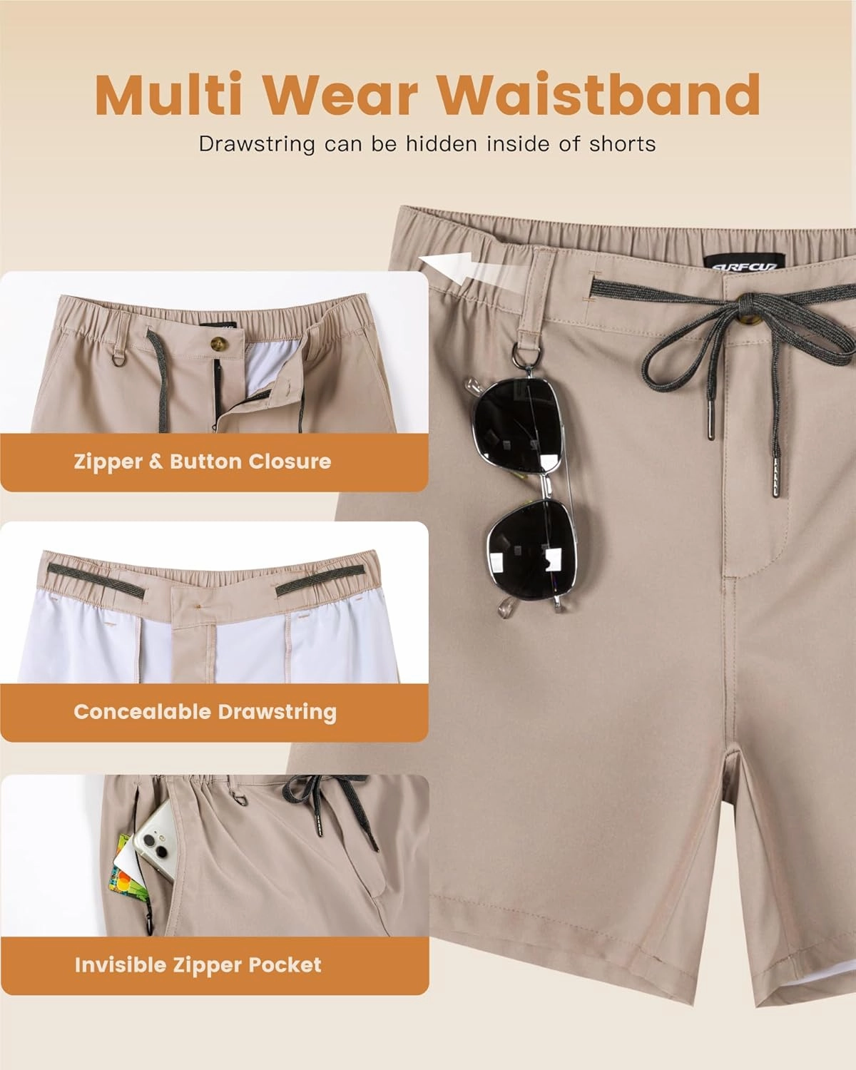 SURF CUZ Mens 5 Inch Shorts Casual Workout Shorts Classic Fit Multi-Pocket Golf Flat Front Shorts Quick Dry Hybrid Short