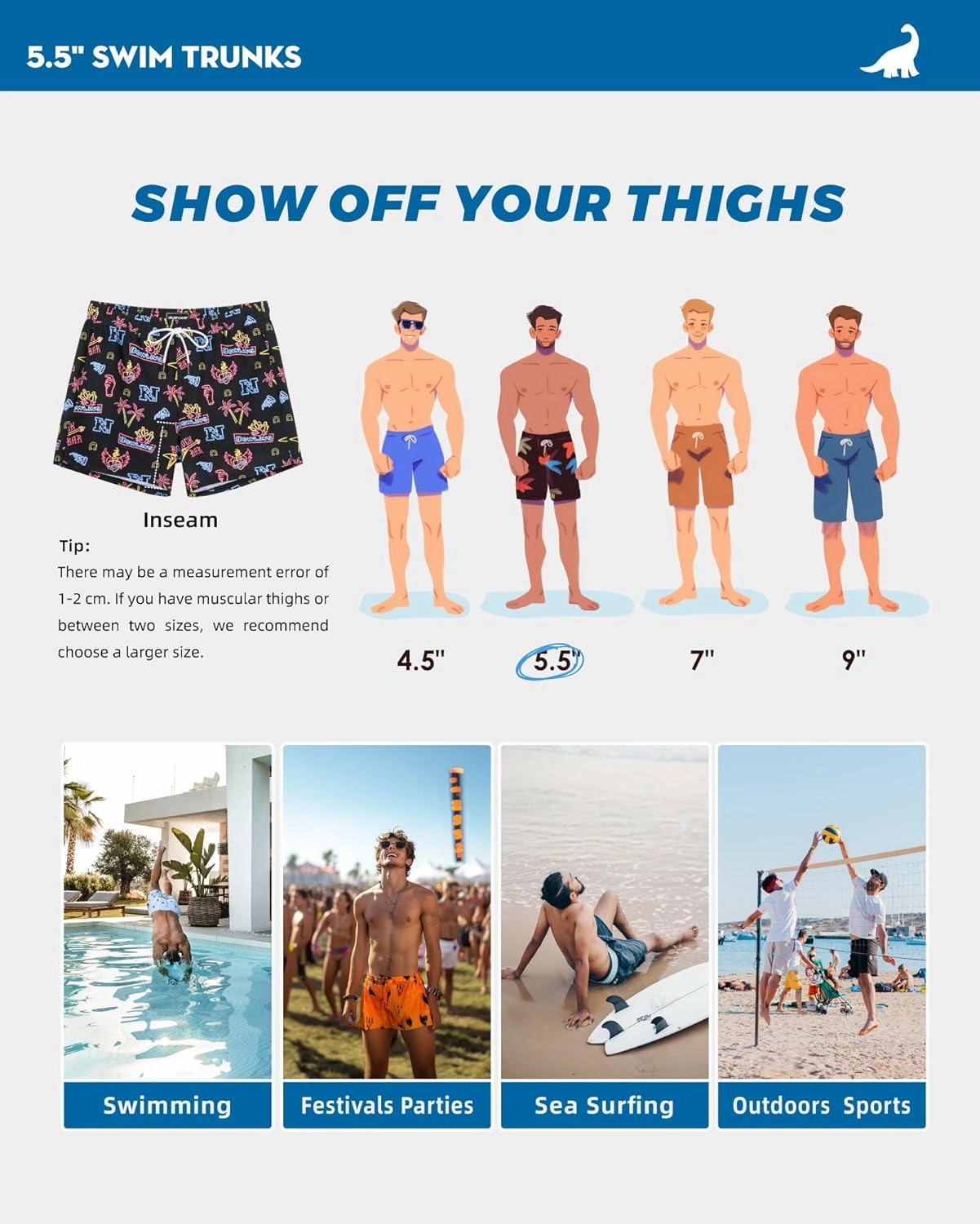 SURF CUZ Mens Swim Trunks with Compression Liner 5" Swim Shorts Quick Dry Bathing Suit Swimming Trunks Zipper Pockets
