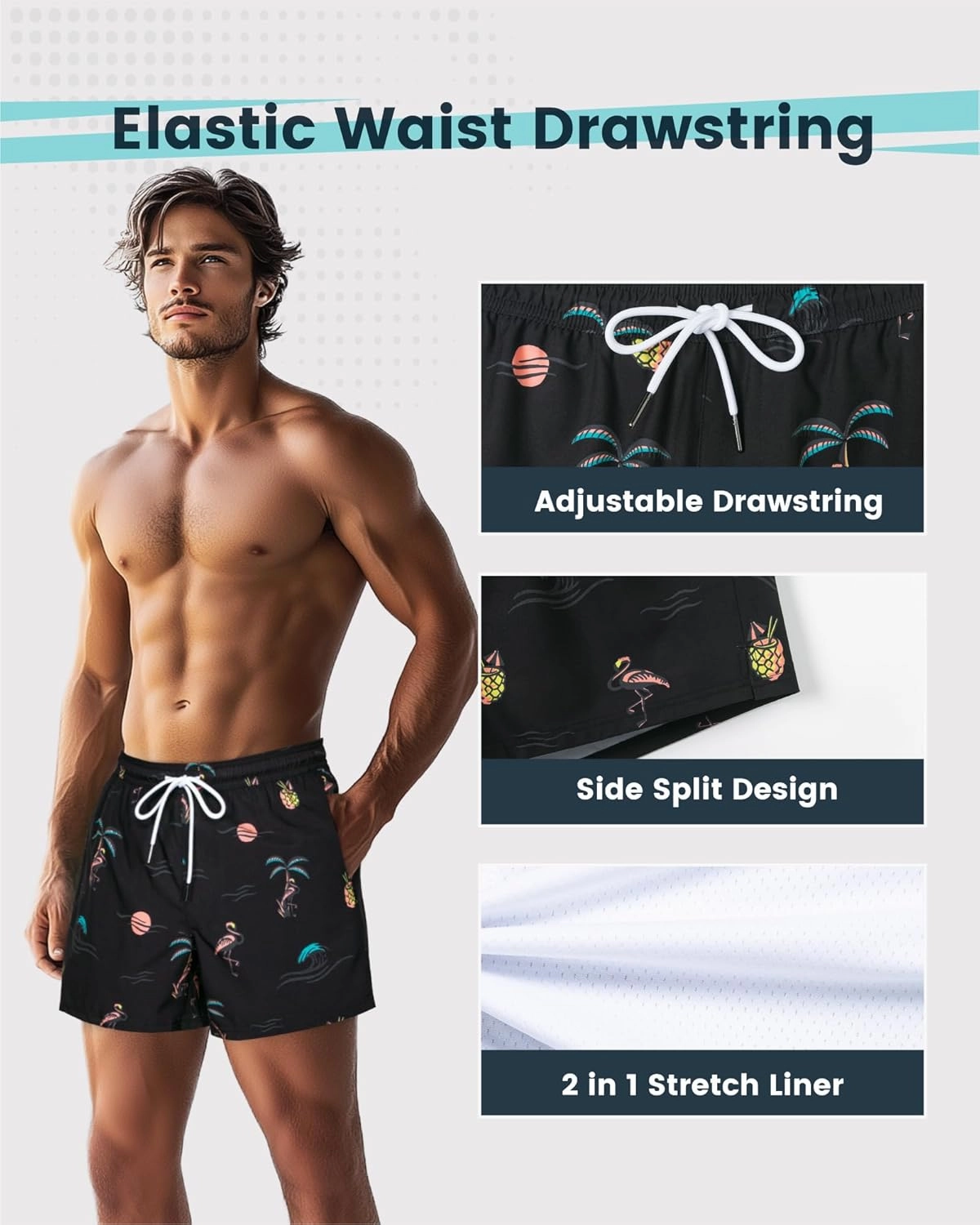 SURF CUZ Mens Swim Trunks with Compression Liner Quick Dry Swim Shorts Swimming Trunks 2 in 1 Bathing Suit Zipper Pockets