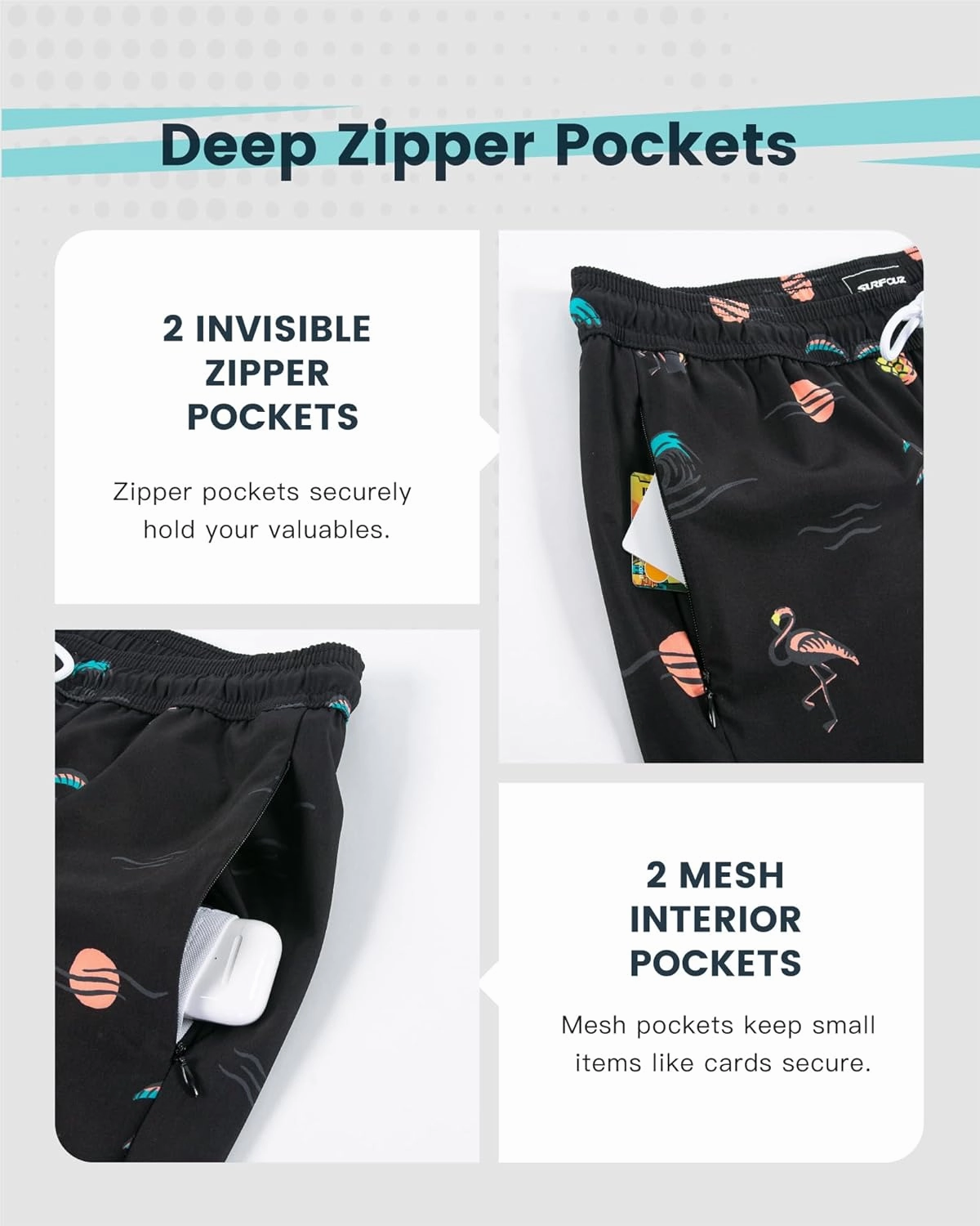 SURF CUZ Mens Swim Trunks with Compression Liner Quick Dry Swim Shorts Swimming Trunks 2 in 1 Bathing Suit Zipper Pockets