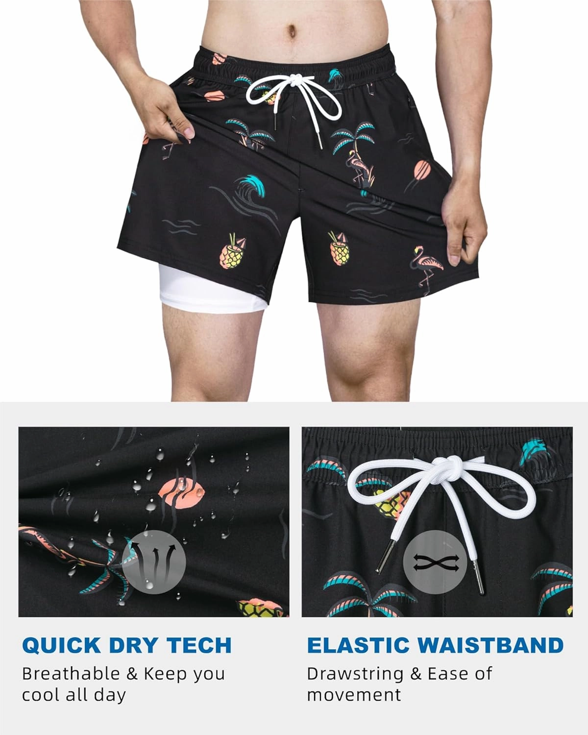 SURF CUZ Mens Swim Trunks with Compression Liner Quick Dry Swim Shorts Swimming Trunks 2 in 1 Bathing Suit Zipper Pockets