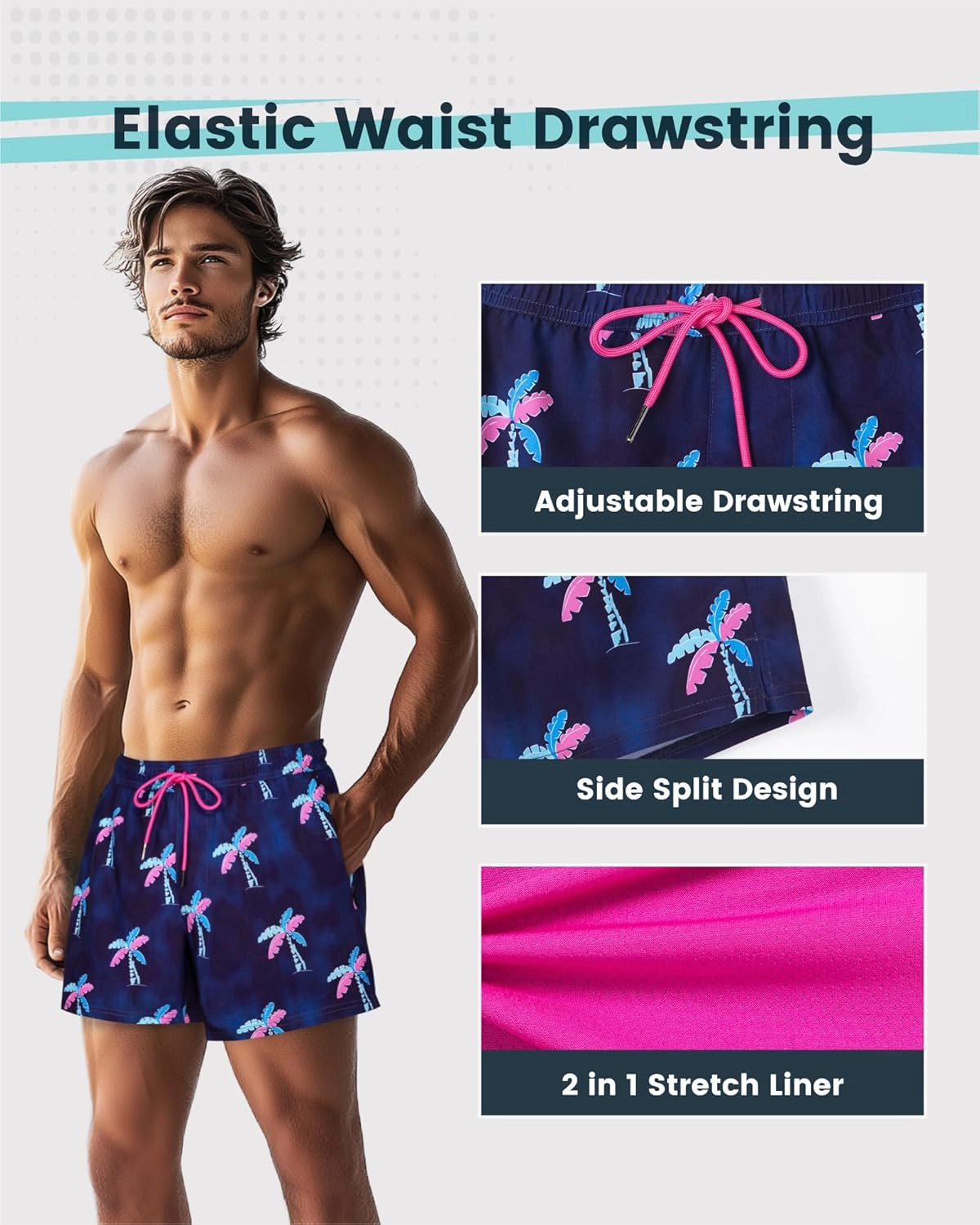SURF CUZ Mens Swim Trunks with Compression Liner Quick Dry Swim Shorts Swimming Trunks 2 in 1 Bathing Suit Zipper Pockets