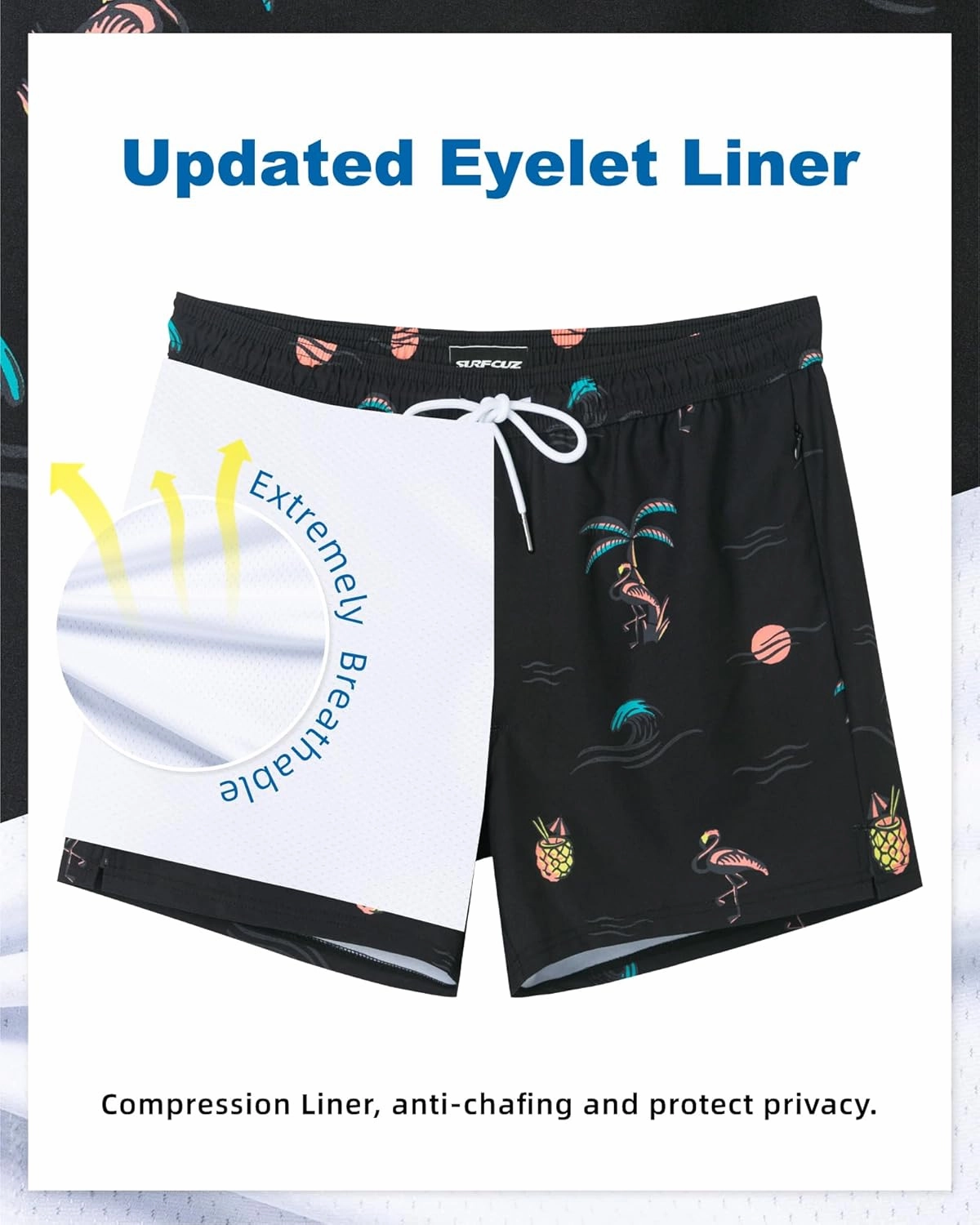 SURF CUZ Mens Swim Trunks with Compression Liner Quick Dry Swim Shorts Swimming Trunks 2 in 1 Bathing Suit Zipper Pockets