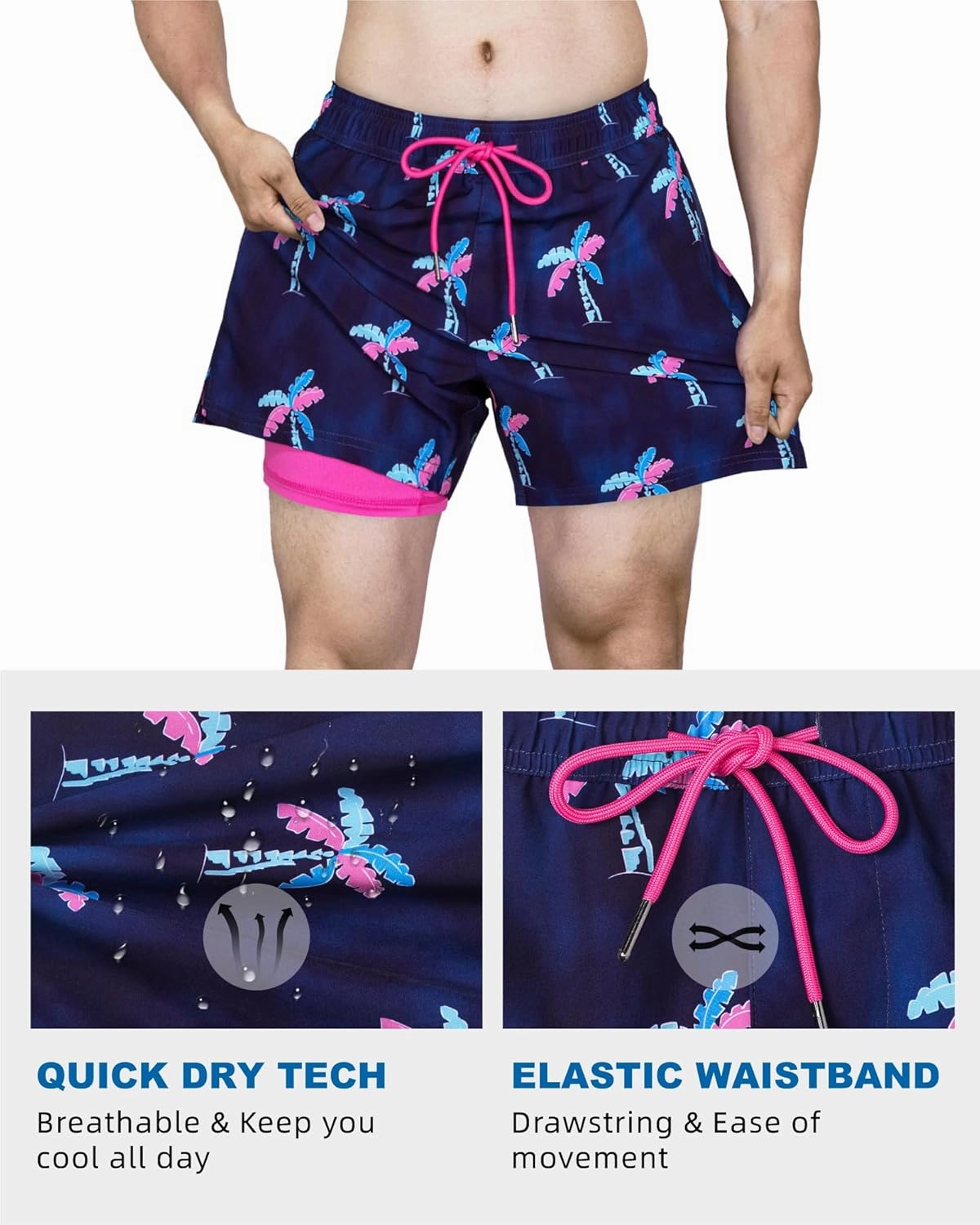 SURF CUZ Mens Swim Trunks with Compression Liner Quick Dry Swim Shorts Swimming Trunks 2 in 1 Bathing Suit Zipper Pockets