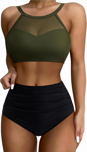 SUUKSESS Women High Waisted Bikini Sets Sexy Mesh High Neck Swimsuit 2 Piece