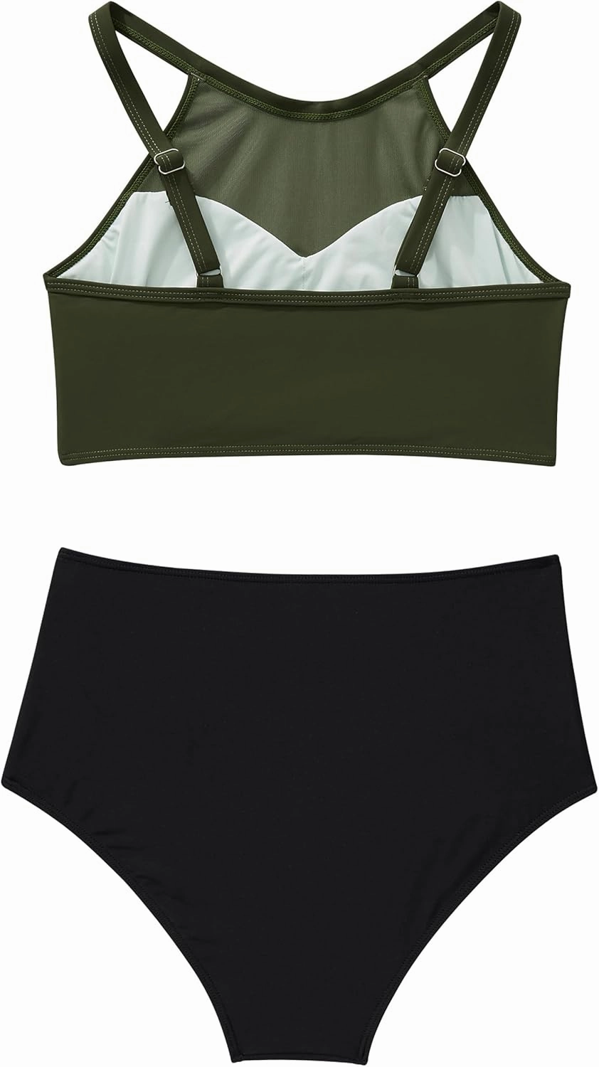 SUUKSESS Women High Waisted Bikini Sets Sexy Mesh High Neck Swimsuit 2 Piece