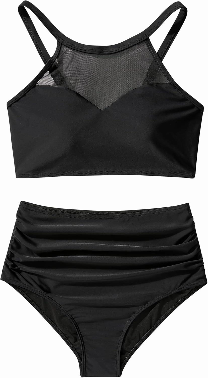 SUUKSESS Women High Waisted Bikini Sets Sexy Mesh High Neck Swimsuit 2 Piece