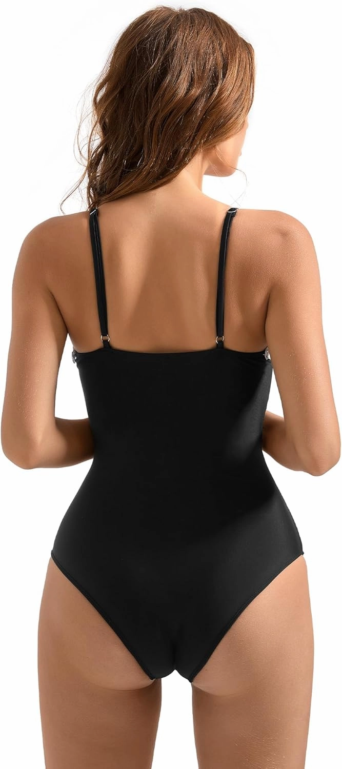 SUUKSESS Women Lace One Piece Swimsuit Tummy Control V Neck Bathing Suit