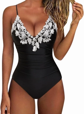 SUUKSESS Women Lace One Piece Swimsuit Tummy Control V Neck Bathing Suit