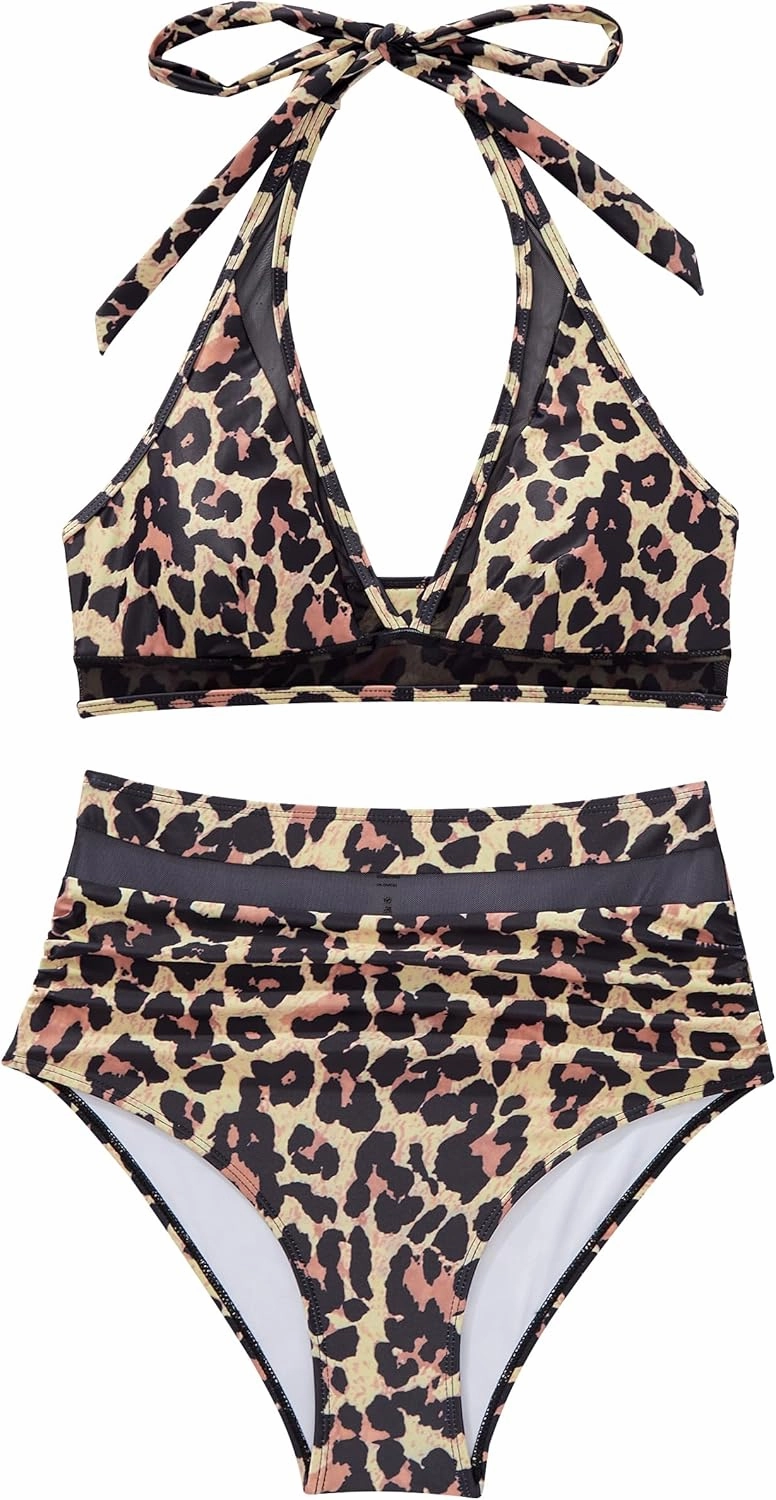 SUUKSESS Women Sexy High Waist Bikini Sets Mesh Tummy Control 2 Piece Swimsuits