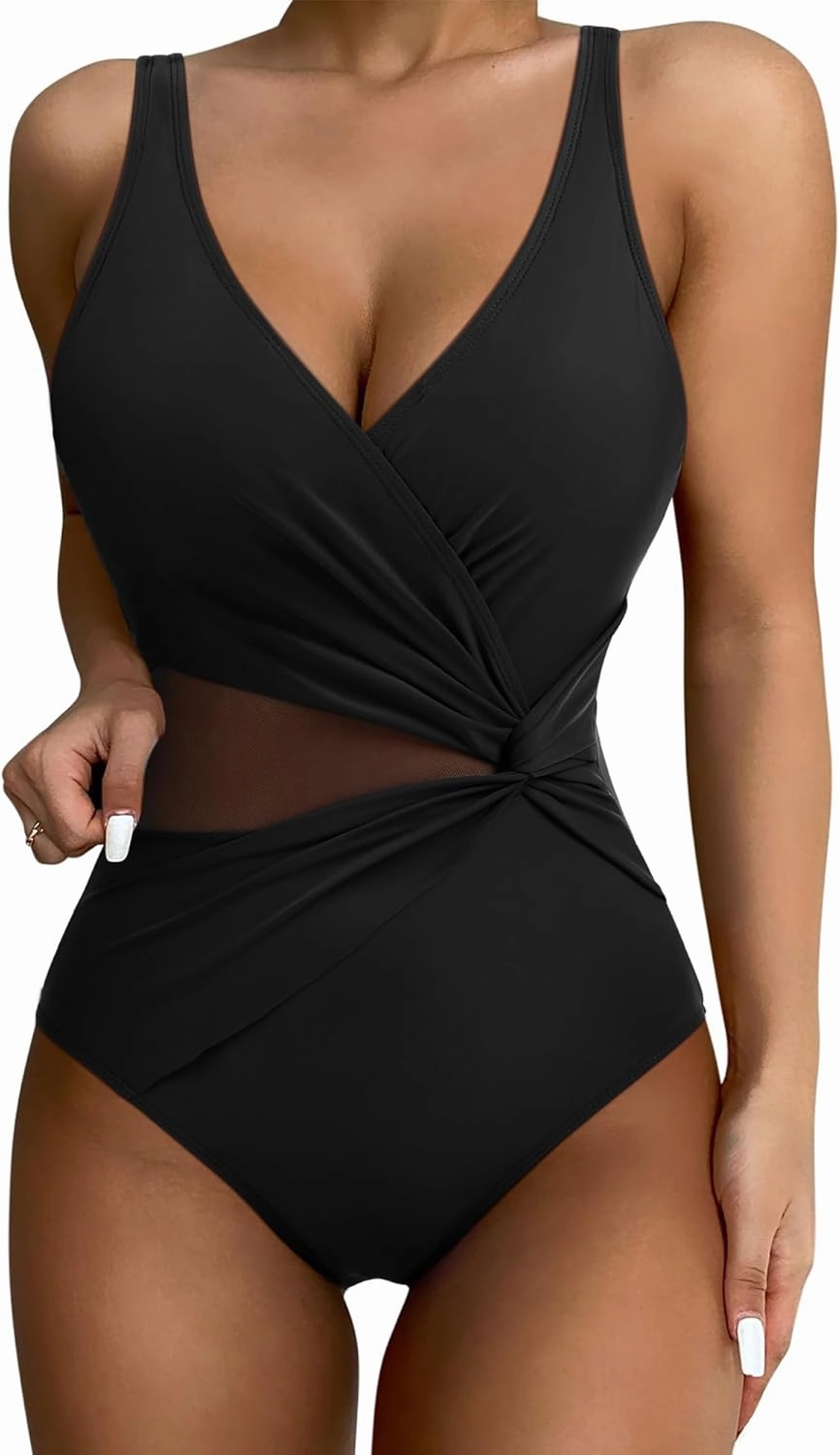 SUUKSESS Women Sexy Mesh Tummy Control One Piece Swimsuit Push Up Bathing Suit