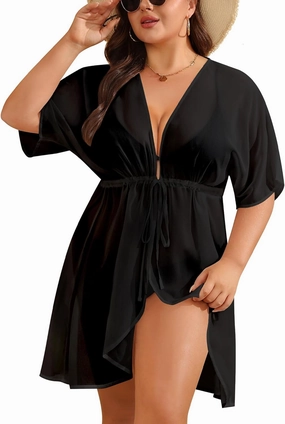 SWOMOG Plus Size Swimsuit Cover Up Women Chiffon Kimono Bikini Coverups Cardigan Open Front Summer Beachwear Swimwear