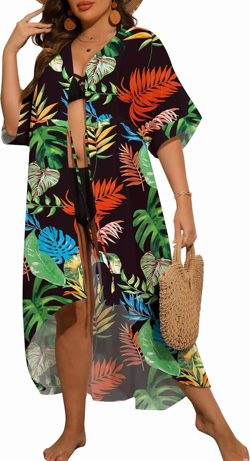 SWOMOG Women Cover Ups Plus Size Swimsuit Chiffon Kimono Long Cardigan Open Front Bathing Suit Summer Flowy Bikini Beachwear
