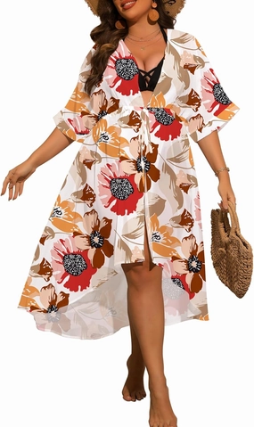 SWOMOG Women Cover Ups Plus Size Swimsuit Chiffon Kimono Long Cardigan Open Front Bathing Suit Summer Flowy Bikini Beachwear