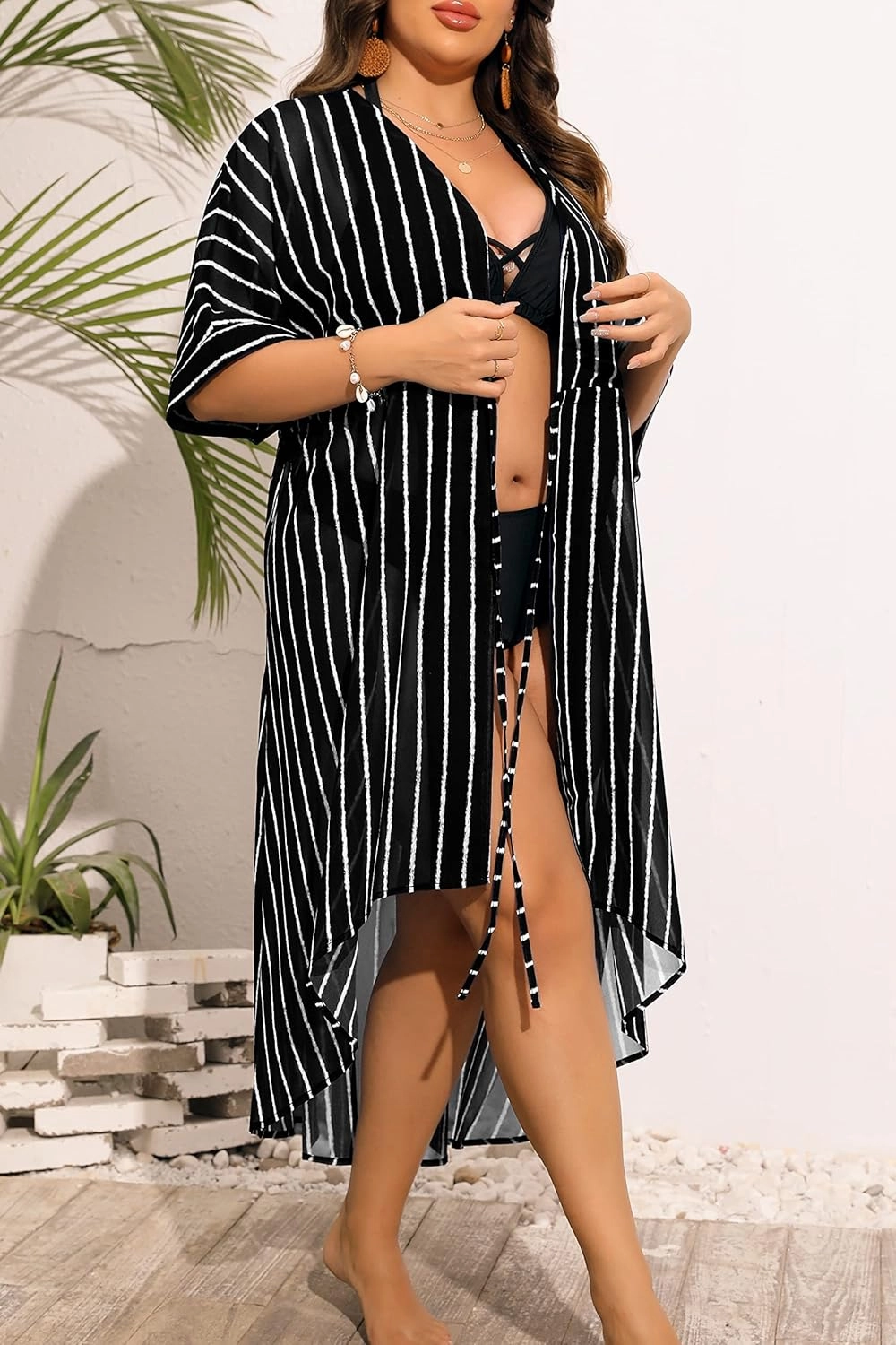 SWOMOG Women Cover Ups Plus Size Swimsuit Chiffon Kimono Long Cardigan Open Front Bathing Suit Summer Flowy Bikini Beachwear