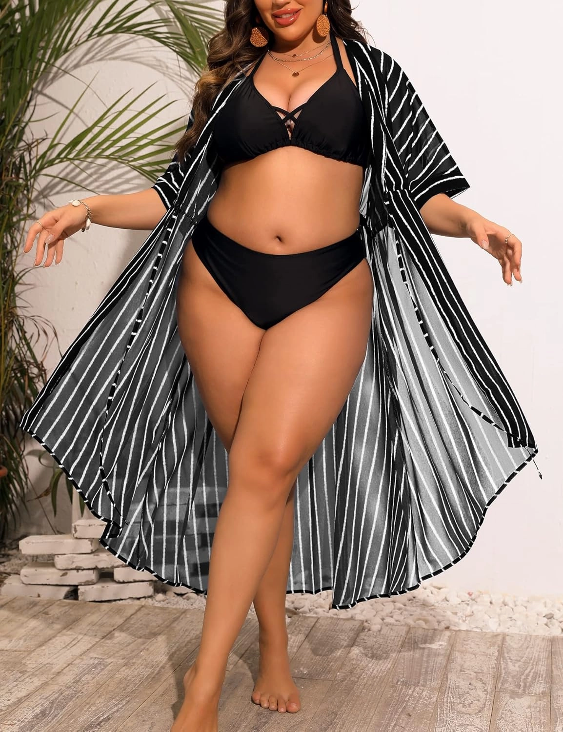 SWOMOG Women Cover Ups Plus Size Swimsuit Chiffon Kimono Long Cardigan Open Front Bathing Suit Summer Flowy Bikini Beachwear