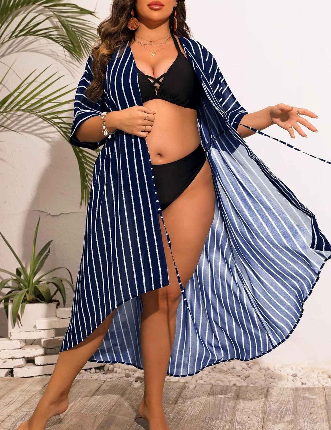 SWOMOG Women Cover Ups Plus Size Swimsuit Chiffon Kimono Long Cardigan Open Front Bathing Suit Summer Flowy Bikini Beachwear