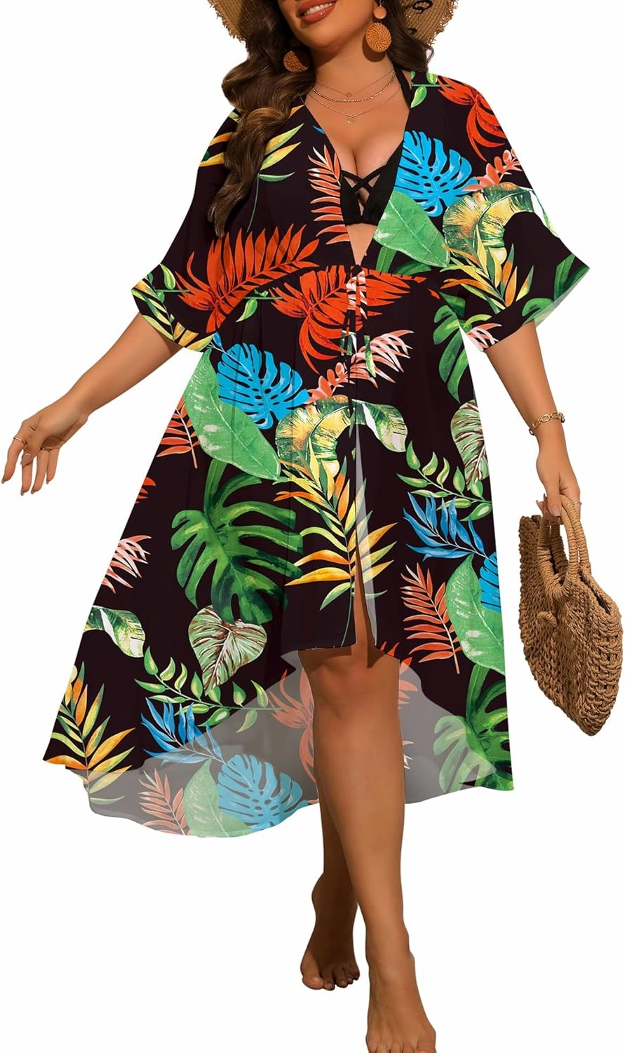 SWOMOG Women Cover Ups Plus Size Swimsuit Chiffon Kimono Long Cardigan Open Front Bathing Suit Summer Flowy Bikini Beachwear