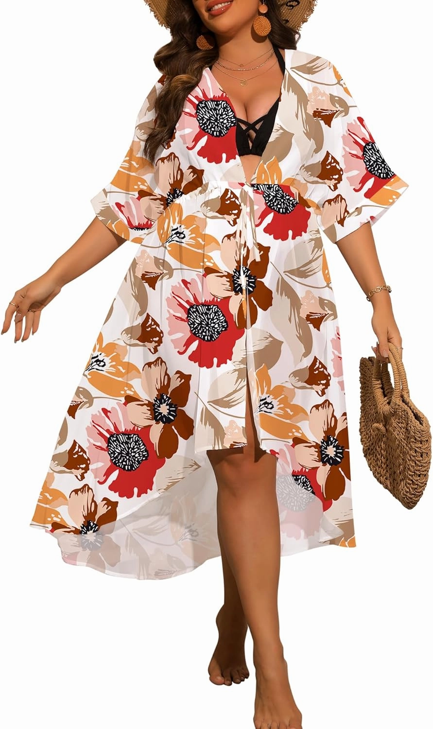 SWOMOG Women Cover Ups Plus Size Swimsuit Chiffon Kimono Long Cardigan Open Front Bathing Suit Summer Flowy Bikini Beachwear