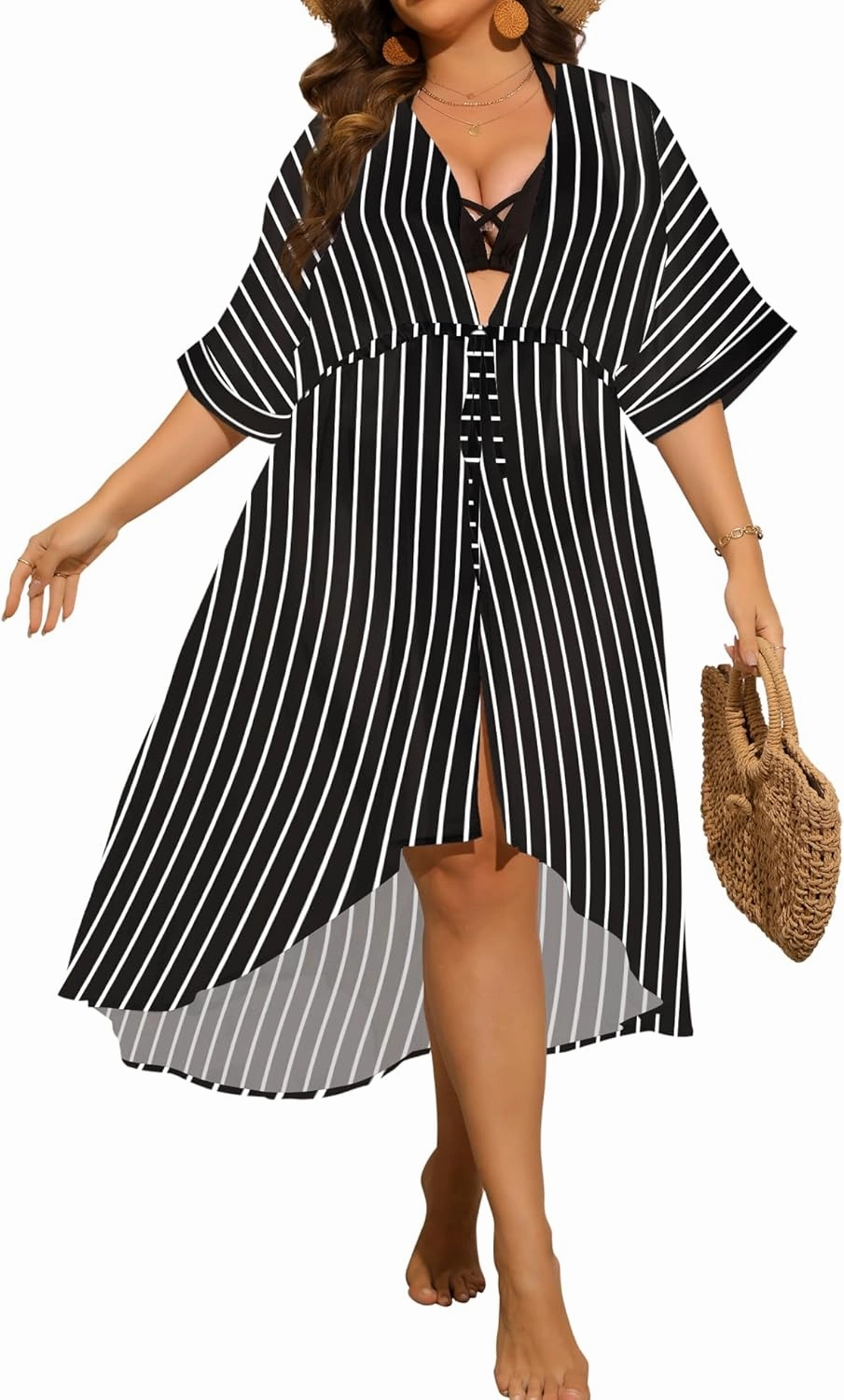 SWOMOG Women Cover Ups Plus Size Swimsuit Chiffon Kimono Long Cardigan Open Front Bathing Suit Summer Flowy Bikini Beachwear