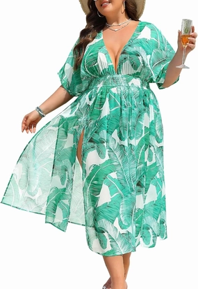SWOMOG Women Plus Size Swimsuit Cover Up Bikini Bathing Suit Sexy Deep V Neck Swim Beach Dresses Summer Beachwear
