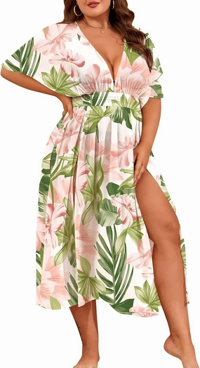 SWOMOG Women Plus Size Swimsuit Cover Up Bikini Bathing Suit Sexy Deep V Neck Swim Beach Dresses Summer Beachwear