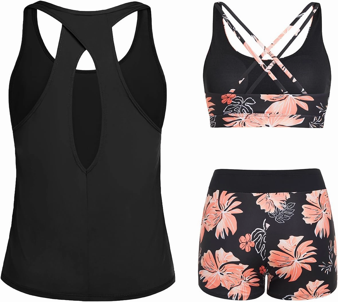 Tempt Me 3 Piece Tankini Swimsuits for Women Athletic Bathing Suits Swim Tank Top with Boy Shorts and Bra Modest Swimwear