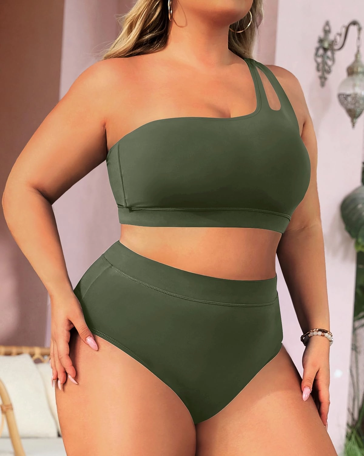 Tempt Me Plus Size High Waisted Bikini Set for Women Two Piece One Shoulder Swimsuit Keyhole Bathing Suits