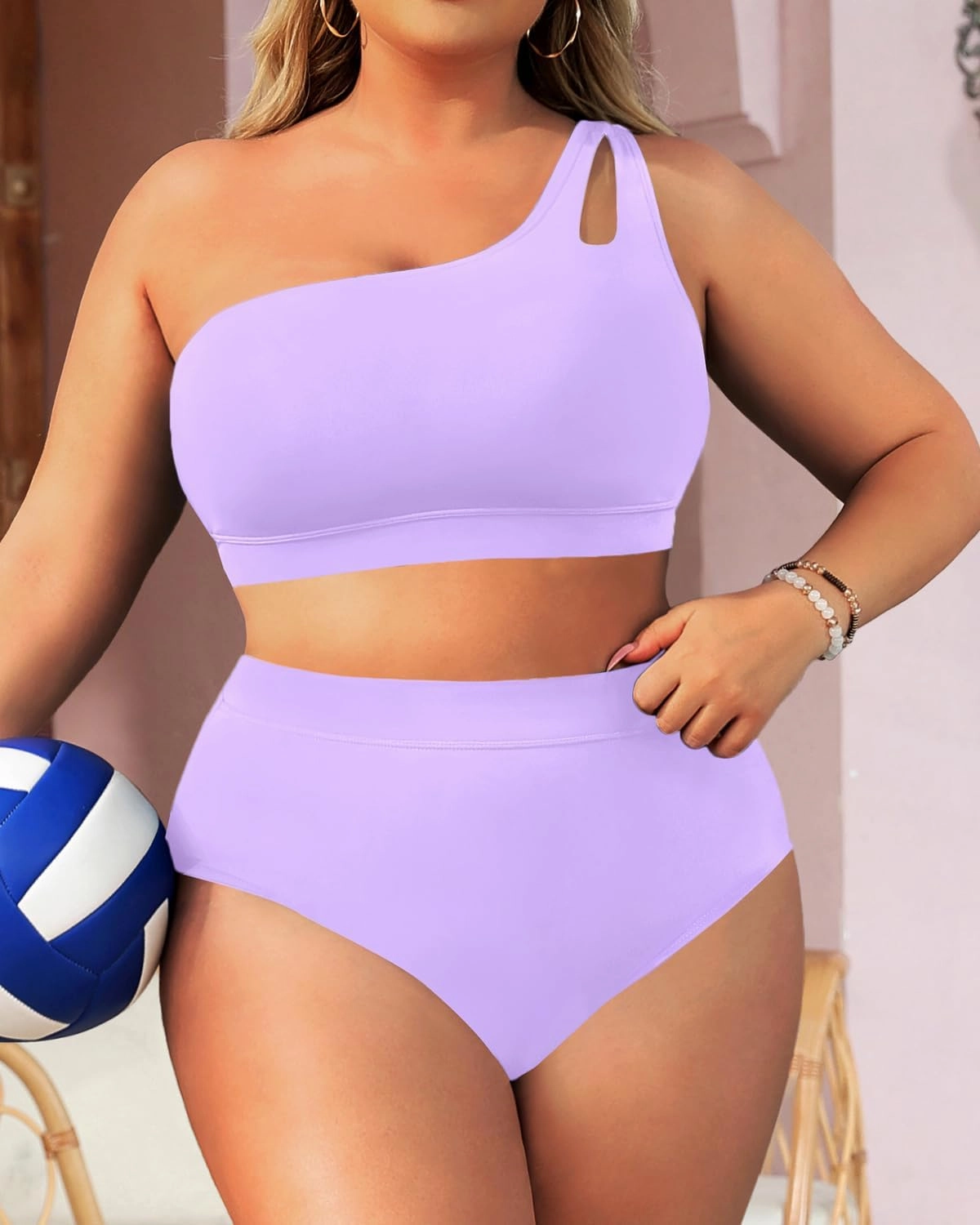 Tempt Me Plus Size High Waisted Bikini Set for Women Two Piece One Shoulder Swimsuit Keyhole Bathing Suits