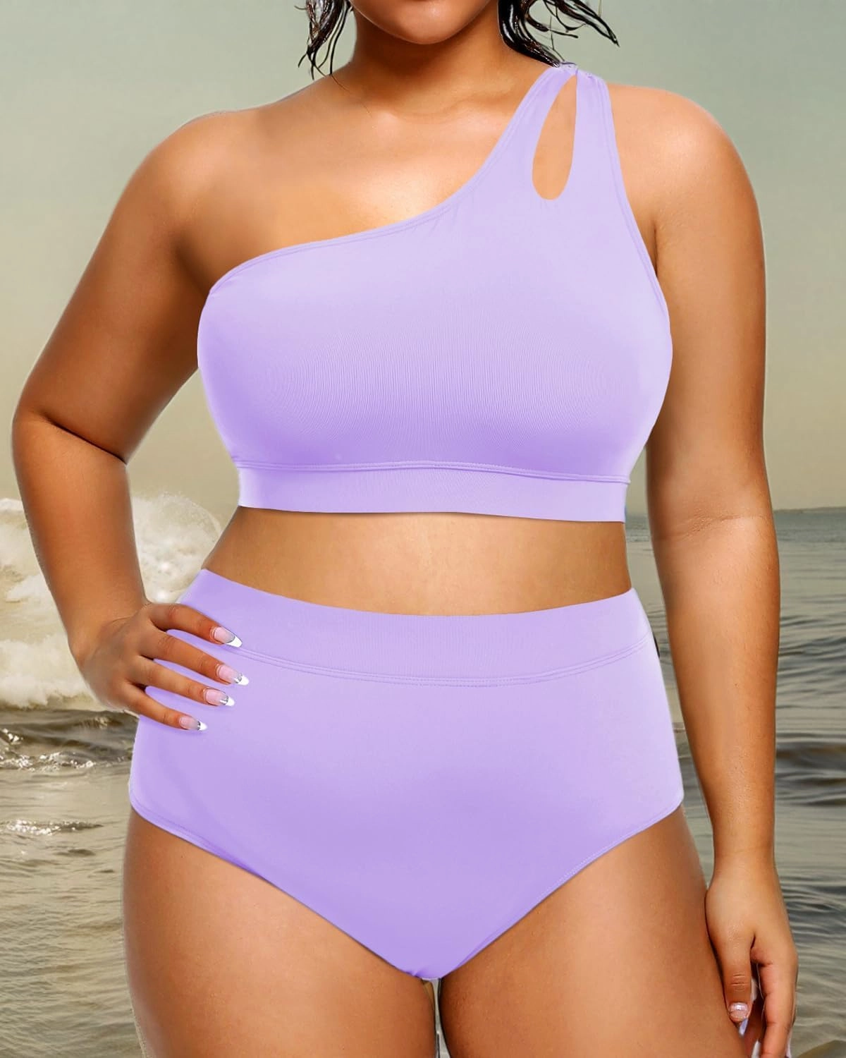 Tempt Me Plus Size High Waisted Bikini Set for Women Two Piece One Shoulder Swimsuit Keyhole Bathing Suits