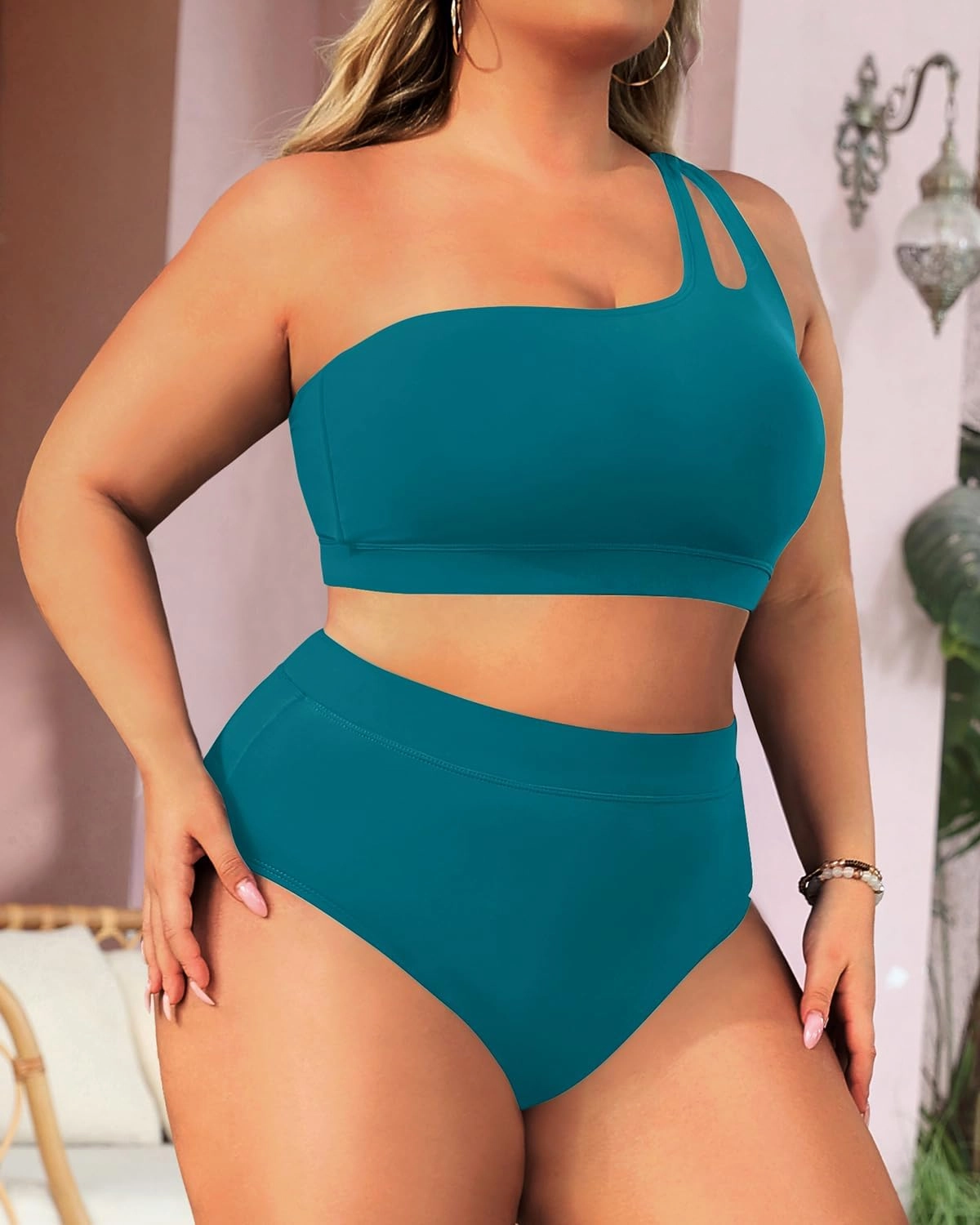 Tempt Me Plus Size High Waisted Bikini Set for Women Two Piece One Shoulder Swimsuit Keyhole Bathing Suits