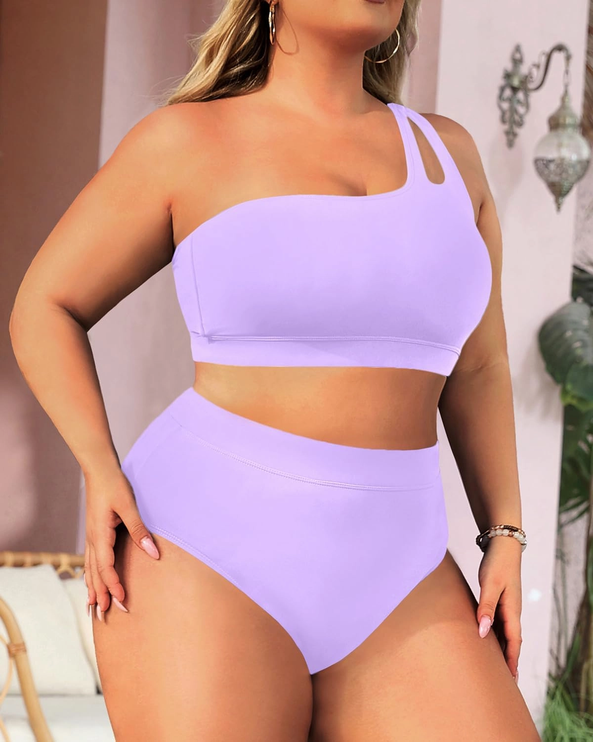 Tempt Me Plus Size High Waisted Bikini Set for Women Two Piece One Shoulder Swimsuit Keyhole Bathing Suits