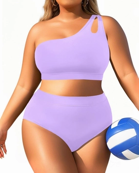 Tempt Me Plus Size High Waisted Bikini Set for Women Two Piece One Shoulder Swimsuit Keyhole Bathing Suits