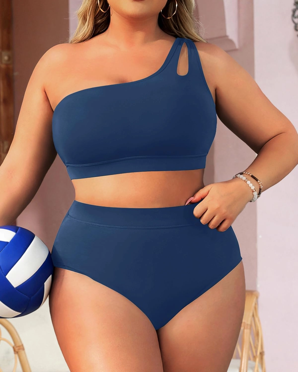 Tempt Me Plus Size High Waisted Bikini Set for Women Two Piece One Shoulder Swimsuit Keyhole Bathing Suits