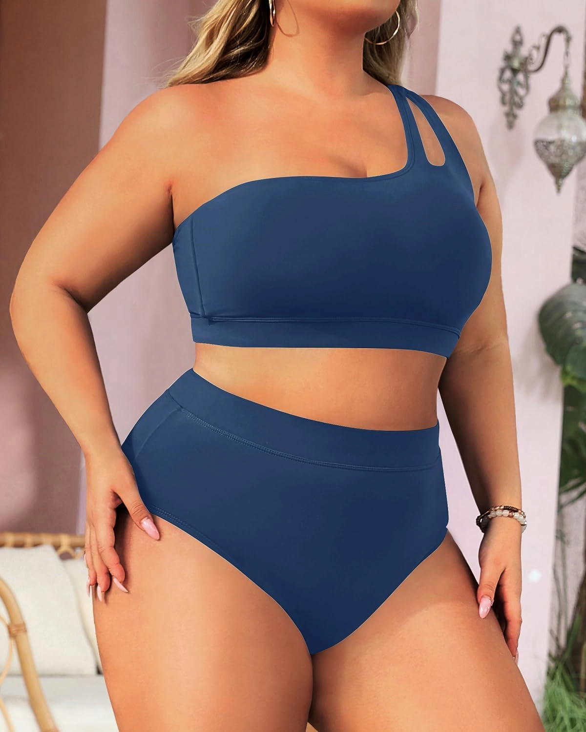Tempt Me Plus Size High Waisted Bikini Set for Women Two Piece One Shoulder Swimsuit Keyhole Bathing Suits