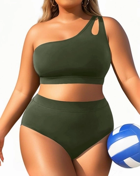 Tempt Me Plus Size High Waisted Bikini Set for Women Two Piece One Shoulder Swimsuit Keyhole Bathing Suits