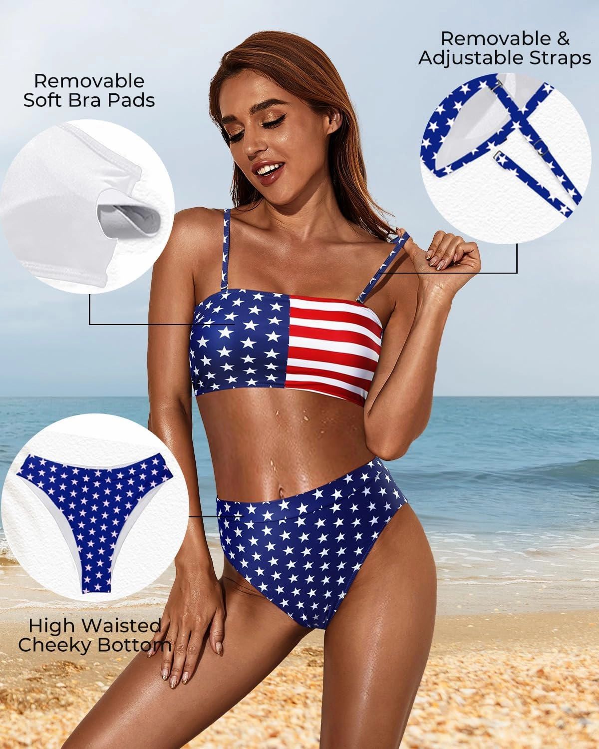 Tempt Me Women Bandeau Bikini Set Strapless Two Piece Sexy Swimsuit High Waisted High Cut Bathing Suits Cheeky Swimwear