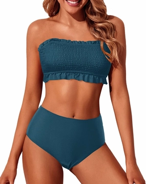 Tempt Me Women Bandeau High Waisted Bikini Sets Smocked Swimsuit Strapless Two Piece Bathing Suit