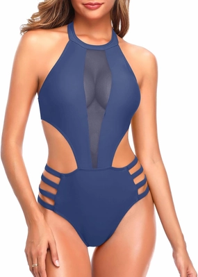 Tempt Me Women One Piece Sexy Mesh Swimsuit High Neck Halter Cutout Monokini Swimwear