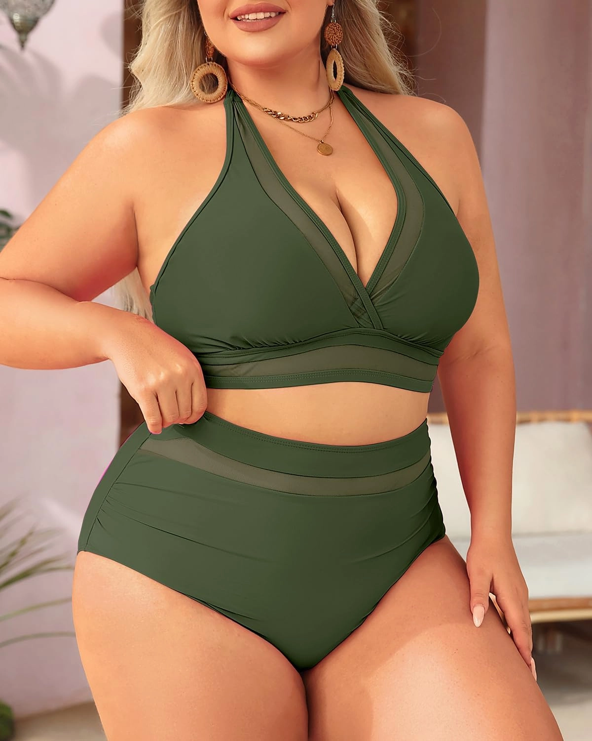 Tempt Me Women Plus Size Bikini High Waisted Swimsuits Mesh Tummy Control Two Piece Bathing Suit