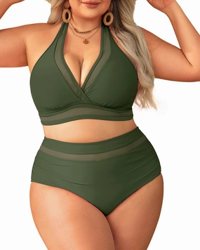 Tempt Me Women Plus Size Bikini High Waisted Swimsuits Mesh Tummy Control Two Piece Bathing Suit