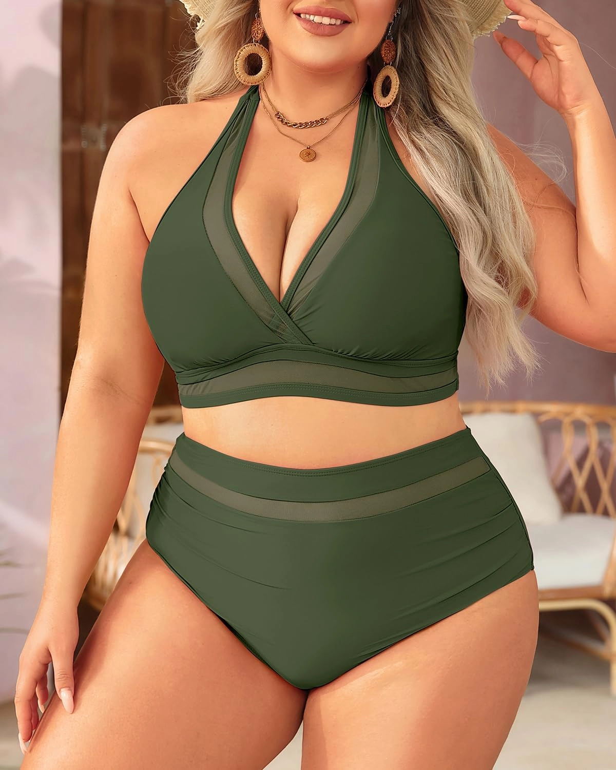 Tempt Me Women Plus Size Bikini High Waisted Swimsuits Mesh Tummy Control Two Piece Bathing Suit