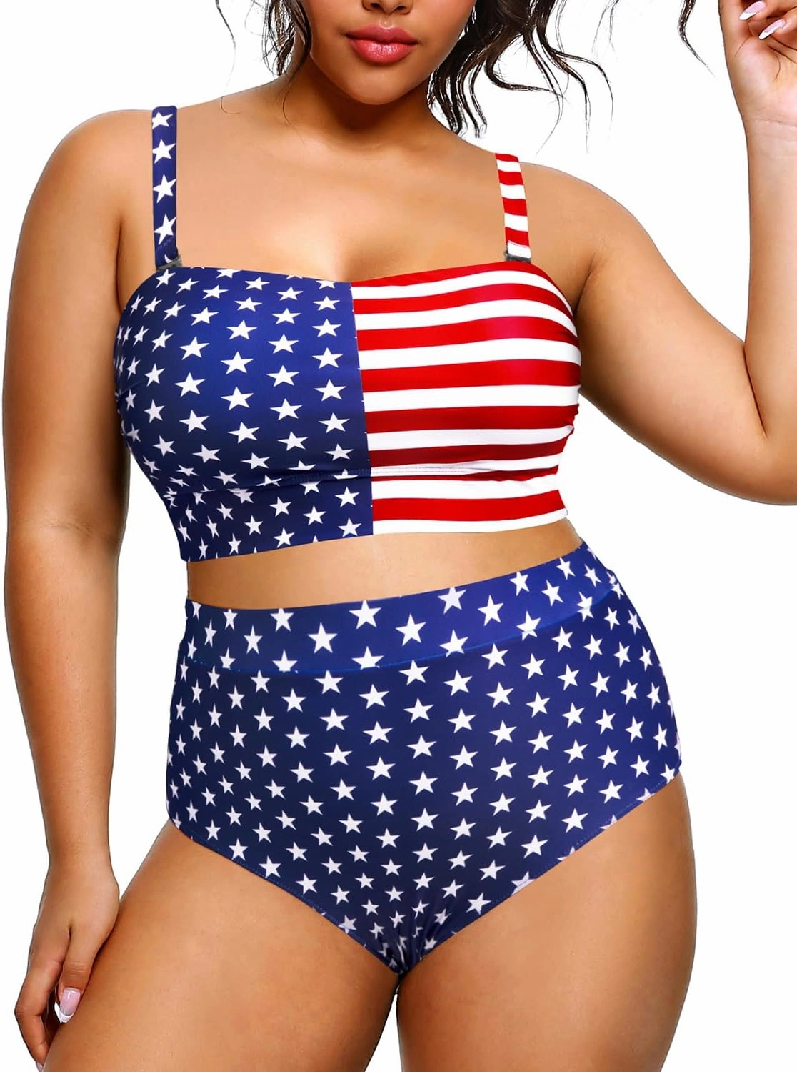 Tempt Me Women Plus Size High Waisted Bikini Bandeau Two Piece Swimsuit