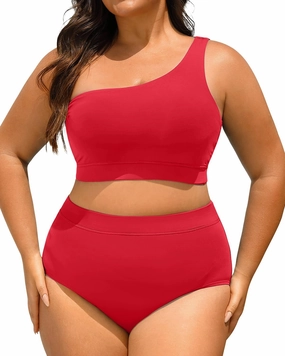 Tempt Me Women Plus Size High Waisted Bikini Two Piece One Shoulder Swimsuit