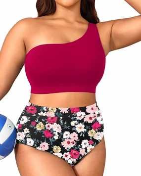 Tempt Me Women Plus Size High Waisted Bikini Two Piece One Shoulder Swimsuit