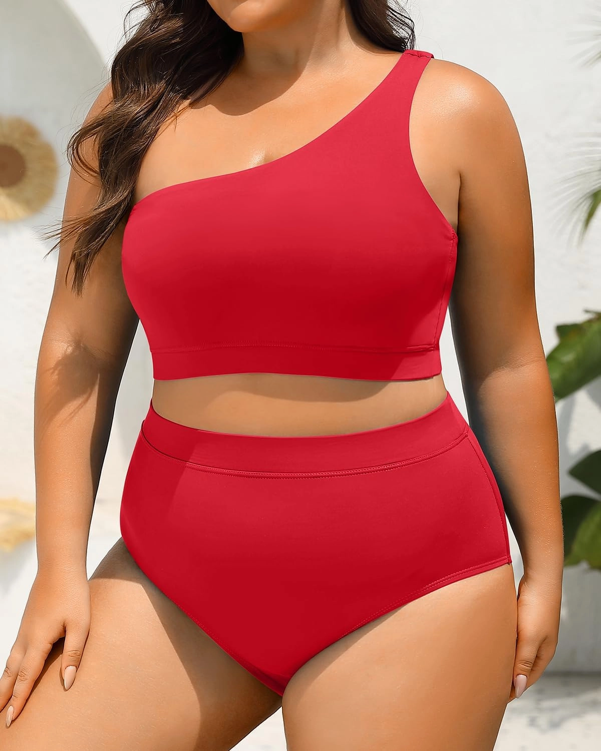Tempt Me Women Plus Size High Waisted Bikini Two Piece One Shoulder Swimsuit
